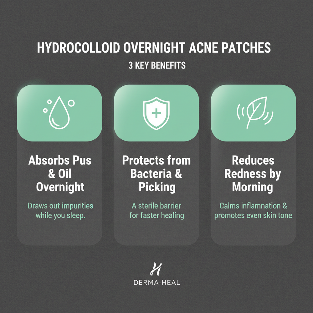 Hydrocolloid Overnight Acne Patches – key benefits infographic